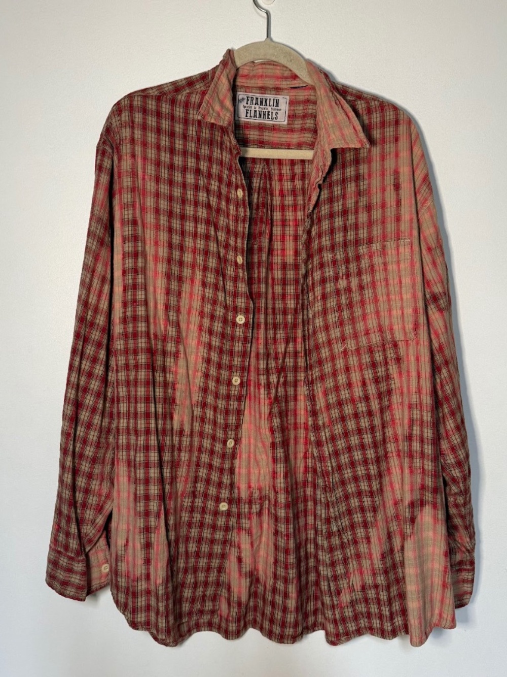 Franklin Flannels Red Orange Bleached Distressed Plaid Flannel Shirt Tennessee